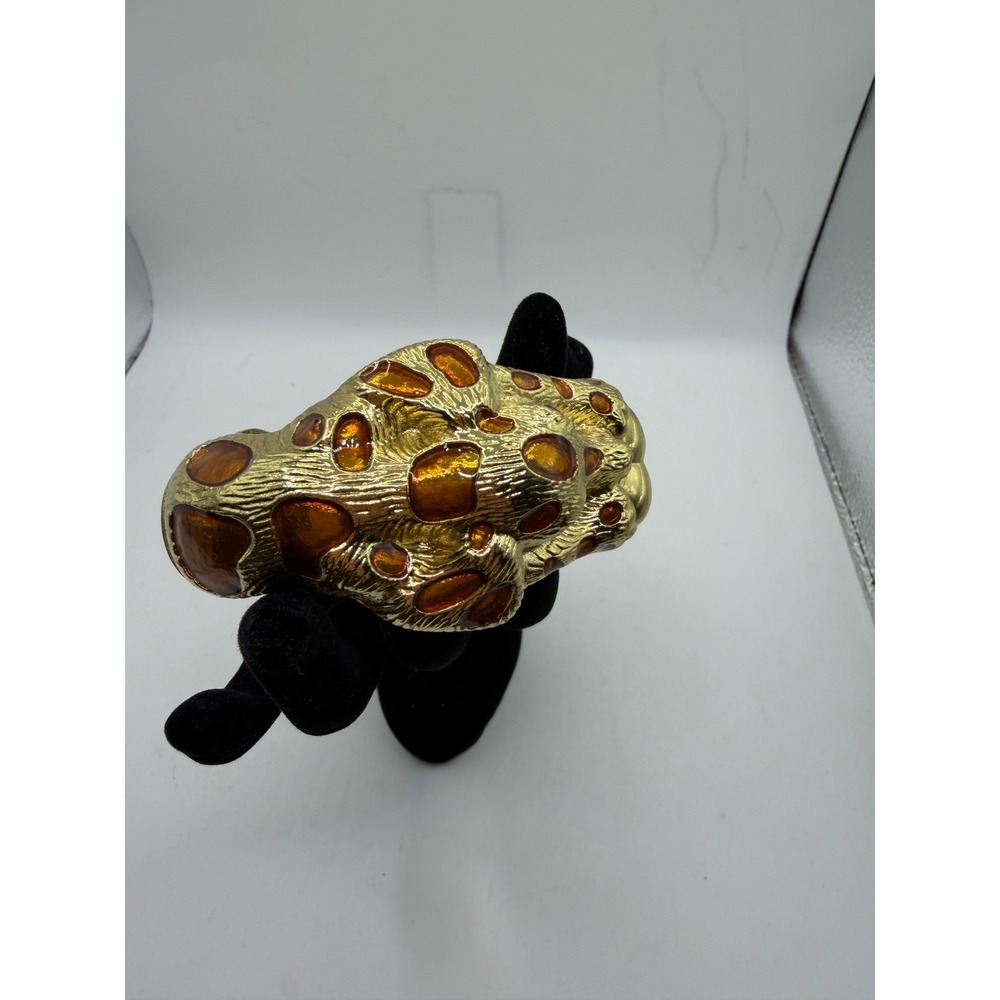 Vintage Leopard Cheetah Head Hinged Cuff Bracelet Gold Tone Amber Enamel Spots